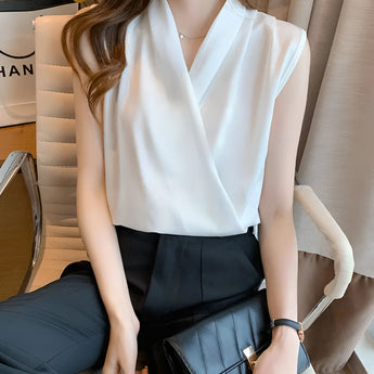 Sleeveless white blouse with a cowl neck design, shown in a 2XL size.