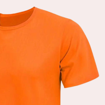Bright orange men's t-shirt with short sleeves, crew neck, and solid color design, suitable for summer wear.