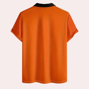 Bright orange unisex crew neck t-shirt featuring a distinct black collar and short sleeves, designed in a sporty jersey style.