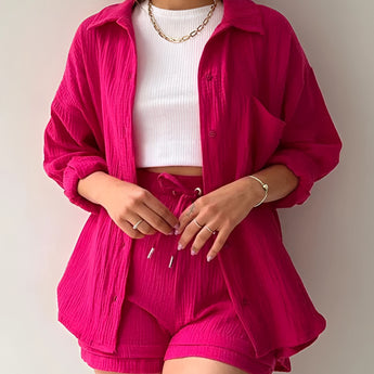 Bright pink corduroy jacket and shorts set for women, featuring a summer co-ord design, shown on a model showcasing the upper body and waist.