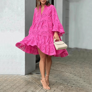 A bright pink eyelet lace ruffle boho chic swing midi dress with short sleeves, a fitted waist, and a ruffled hem, displayed in a dark pink color and size 3XL.