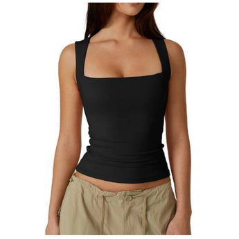 
A black, moisture-wicking yoga tank top in size 3XL designed for women's athletic wear, featuring a sleeveless design and fitted silhouette, perfect for active workouts.