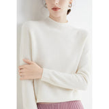 A bright red women's cashmere crew neck sweater, worn by a person, showcasing winter fashion with long sleeves and a cozy fit.