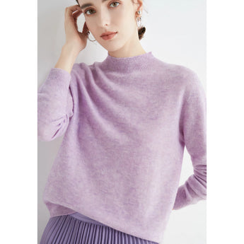 Bright Red Women's Cashmere Crew Neck Sweater being worn, showcasing winter fashion pullover style, with lavender color sweater in 2XL size.