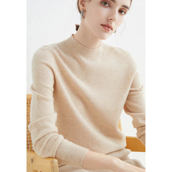 Bright red women's cashmere crew neck sweater, winter fashion pullover, shown in beige, 2XL, featuring long sleeves and a fitted waist.