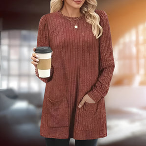 Brown cable knit sweater dress with pockets in a cozy wool blend, featuring long sleeves, a high neckline, and a relaxed fit for plus-size women in 5XL.