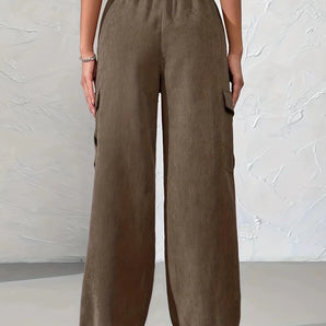 Brown Corduroy Wide Leg Pants - Women's High Waist, Elastic, Pockets