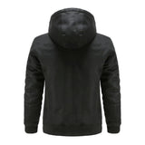 Brown hooded men's bomber jacket with an insulated zip-up design, featuring a collar and long sleeves, suitable for winter wear.