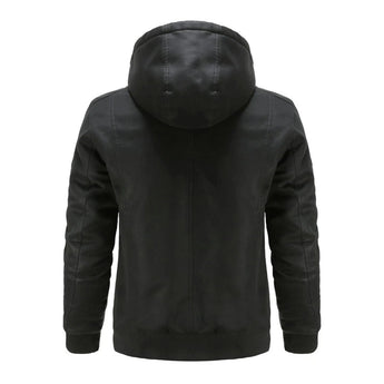 Brown hooded men's bomber jacket with an insulated zip-up design, featuring a collar and long sleeves, suitable for winter wear.