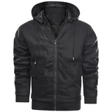 Brown hooded men's bomber jacket with insulated lining, featuring a zip-up front, long sleeves, and a high collar for winter wear.