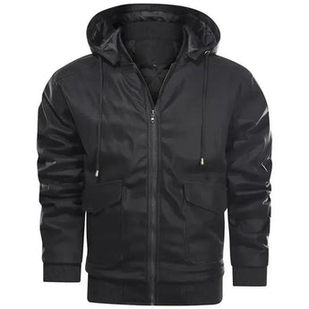Brown hooded men's bomber jacket with insulated lining, featuring a zip-up front, long sleeves, and a high collar for winter wear.