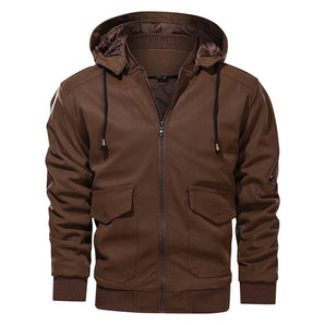 Brown hooded men's bomber jacket with insulated lining, featuring a zip-up front, long sleeves, and multiple pockets.