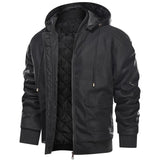 Brown hooded men's bomber jacket in a black color, featuring a zip-up front and insulated design. The jacket has long sleeves, a collar, and multiple pockets, suitable for winter wear. The material appears to be a natural fabric blend.