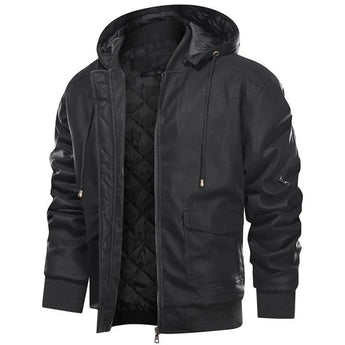 Brown hooded men's bomber jacket in a black color, featuring a zip-up front and insulated design. The jacket has long sleeves, a collar, and multiple pockets, suitable for winter wear. The material appears to be a natural fabric blend.