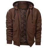 Brown insulated hooded men's bomber jacket with zip-up closure, featuring long sleeves, a cozy collar, and functional pockets.