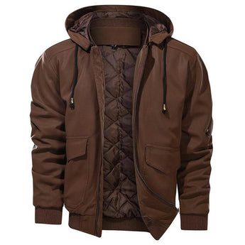 Brown insulated hooded men's bomber jacket with zip-up closure, featuring long sleeves, a cozy collar, and functional pockets.