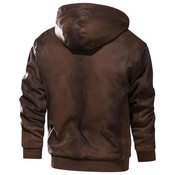 Brown hooded men's bomber jacket with a zip-up front, featuring insulated material for winter wear. The jacket includes a collar, sleeves, hood, and pockets, designed for warmth and style.