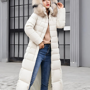 Brown insulated winter coat with fur hood and belt, shown in broken white color, size 3XL, includes jeans and outerwear elements, highlighting its fashionable design, standing pose, and attention to textile details like sleeves and waist.