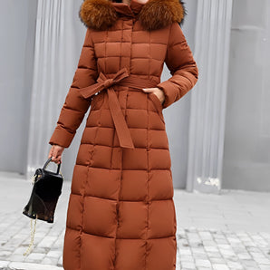 Brown insulated fur hood winter coat with belt in a caramel color, size 3XL. The coat features a one-piece design with a belt at the waist, full sleeves, and a fur-trimmed hood.