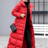Brown insulated fur hood winter coat with belt, shown in red color, size 3XL. The coat features an overcoat style with a belt at the waist, a fur-lined hood, long sleeves, and a knee-length design.