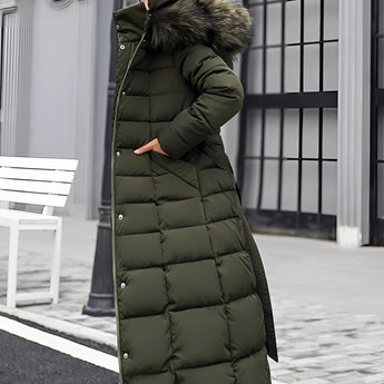 Light green insulated fur hood winter coat with belt in 3XL size, featuring long sleeves and an overcoat-style design.