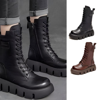 Brown leather high-top military combat boots featuring a durable and stylish design with a steel-toe for added protection.