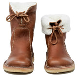 Brown leather lace-up toddler boots with a faux fur trim, featuring a stylish and durable design.