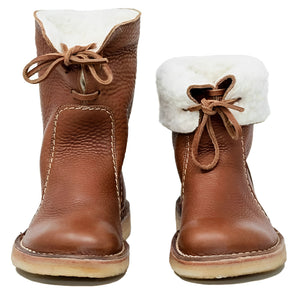 Brown leather lace-up toddler boots with a faux fur trim, featuring a stylish and durable design.