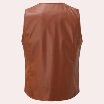 Brown leather vest for men, stylishly tailored as a waistcoat, featuring a sleeveless design ideal for formal wear.