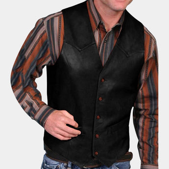 
A man wearing a stylish tailored waistcoat, the brown leather vest, paired with jeans and a dress shirt. The vest features a classic collar and sleeveless design, showcasing a sophisticated and modern look. The outfit is complemented by the black color variant in size XL.