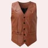 Brown leather vest for men with a tailored fit, featuring a button closure and designed as a stylish waistcoat, displayed against a neutral background.