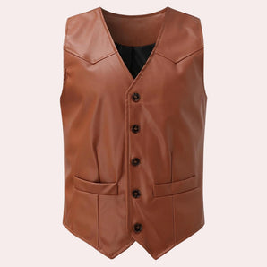 Brown leather vest for men with a tailored fit, featuring a button closure and designed as a stylish waistcoat, displayed against a neutral background.