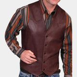 
A stylish and tailored brown leather vest for men in an XL size, paired with a red variant. The vest features a classic design with a neat collar and is worn over a tartan dress shirt. The ensemble is sophisticated and suitable for both casual and formal occasions.