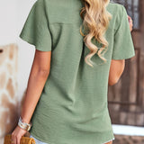 Brown Pleated V-Neck Women's Casual Summer Top with Soft Fabric, featuring short sleeves and a relaxed fit.