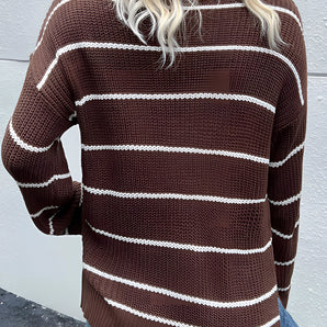 Brown striped women's knit sweater worn by a person, styled for fall fashion. The sweater features long sleeves and a cozy pullover design, paired with jeans. The image captures the upper body, highlighting the sweater's texture and pattern.