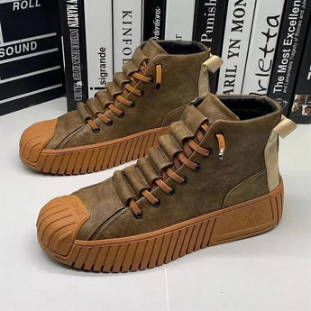 Brown suede high-top sneakers with ribbed sole, designed for urban style and outdoor use, shown in size 44.