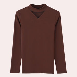 A women's brown V-neck choker sweater with long sleeves and a knit texture.