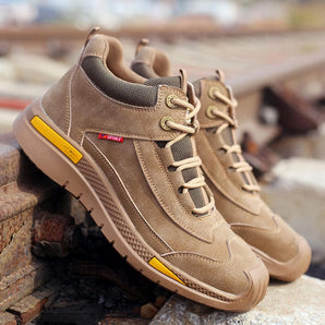 Brown waterproof hiking shoes made of suede, featuring lightweight design and ankle support, in size 46.