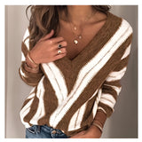 Brown and white V-neck striped knit sweater for women, shown in a khaki color and size 3XL, with long sleeves and casual pullover design.