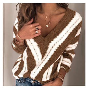 Brown and white V-neck striped knit sweater for women, shown in a khaki color and size 3XL, with long sleeves and casual pullover design.