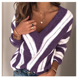 V-neck striped knit sweater for women in brown and white, featuring long sleeves and a casual pullover design in a size 3XL, with a hint of purple shade.