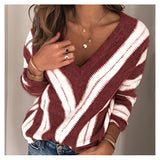 Women's casual pullover featuring a brown and white striped knit design with a V-neck, shown in a red color variant. The sweater has long sleeves and a relaxed fit, suitable for a 3XL size.