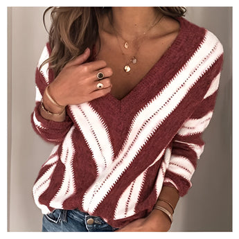 Women's casual pullover featuring a brown and white striped knit design with a V-neck, shown in a red color variant. The sweater has long sleeves and a relaxed fit, suitable for a 3XL size.