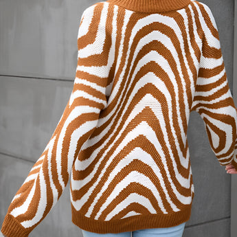 Brown and white zigzag patterned crew neck women's sweater with long sleeves, designed for autumn fashion.