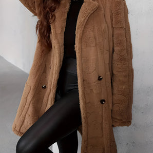 Brown oversized teddy coat for women in a warm coffee color, featuring long sleeves, made from soft textile material, designed for winter fashion with a cozy and stylish look.