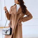 Brown wool double-breasted coat with gold buttons, featuring a structured design with a prominent collar, long sleeves, and tailored fit, suitable for women's winter fashion in a beige color, size 2XL.