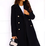 Black wool double-breasted coat for women with gold buttons, featuring long sleeves and a structured collar, suitable for winter fashion.