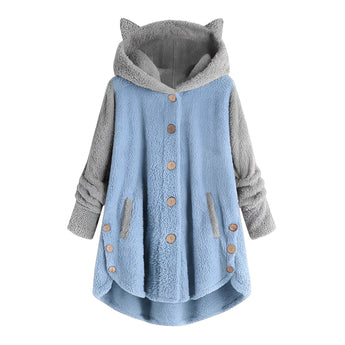 Blue plus size fleece hoodie for women featuring long sleeves and a cozy collar, ideal for winter wear.