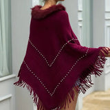 Burgundy fur-collar poncho adorned with pearls, featuring a plush neckline and elegant draping, designed for women's winter wear.