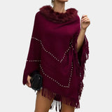 Burgundy fur-collar poncho with pearls for women, featuring a luxurious fur trim around the neck and shoulders, designed for winter wear. The poncho drapes elegantly over the arms and waist, showcasing pearl embellishments, available in XL size.